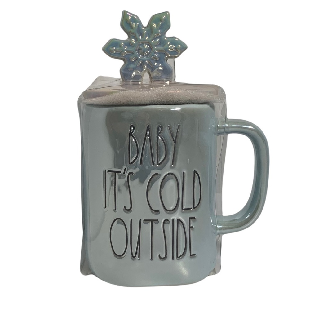 ‼️SOLD‼️ RAE DUNN “BABY IT’S COLD OUTSIDE” Mug Iridescent Blue Snowflake Topper - Picture 1 of 10
